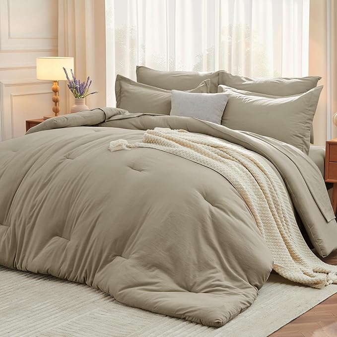 MUXHOMO 7 Pieces Full Comforter Set, Soft Bed in a Bag Full Size, All Season Bedding Set with Comforter, Flat Sheet, Fitted Sheet, Pillowcases & Shams, Linen