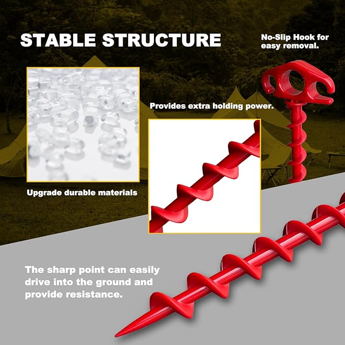 COBARYEN Tent Stakes Ground Anchors Screw in, 6 Pack Sand Stakes for Beach 9.4 Inch Heavy Duty Spiral Tent Pegs for Camping, Party, Hiking, Outdoor Decoration (6, Red)