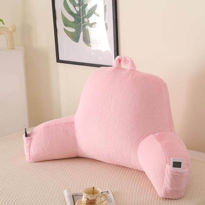 PAJEO Reading Pillow for Sitting in Bed, Large Backrest Reading Pillow with Arm Rest,Back-Rest Support Cushion for Sit Up on Couch, Sofa, and Floor, Dorm Essentials (Pink Faux Fur, Large(19"))