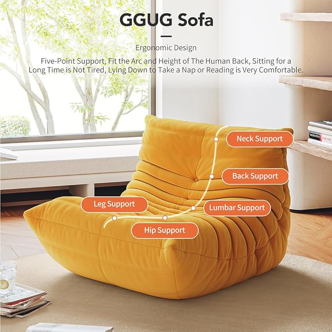 High-end Bean Bag Chair, Fireside Togo Chair with Yellow Suede Fabric Cover, Comfy & Soft Lazy Floor Lounge Sofa for Bedroom, Living Room, Office or Lounger