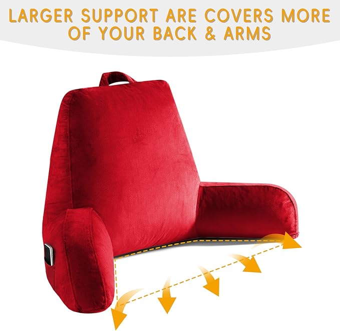 OAISZ Reading Pillow for Sitting in Bed Adult, Reading Pillow with Shredded Memory Foam, Bed Pillow with Washable Cover, Back Pillow Sitting Up with Extend Arms, Red, X-Large