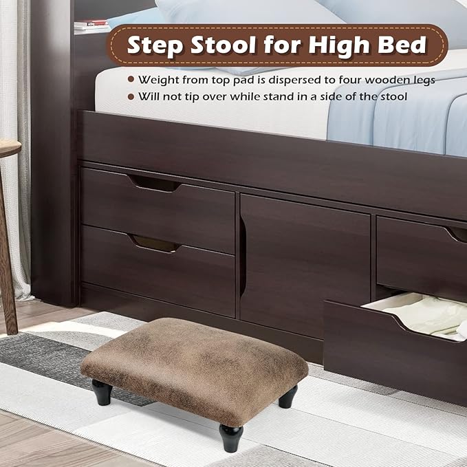YOYETECO Small Foot Stool Ottoman with Stable Wood Legs Upholstered Footstool Padded Foot Rest Step Stool for High Beds Seat Chair Couch Sofa Patio Bedroom Living Room Office (5.9" H-Shallow Brown)