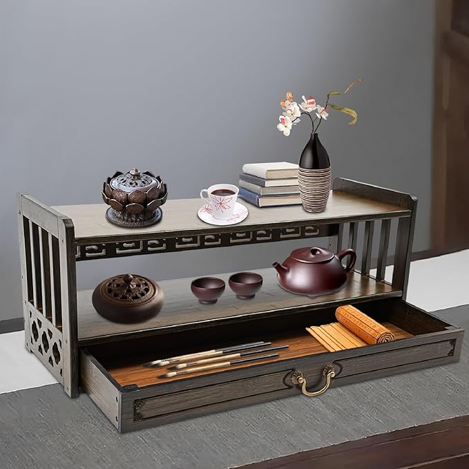 Floor Table Low 2-Tier Meditation Altar Table with Drawers Bamboo Coffee Table Desktop Organizer for Japanese Tatami Chinese Asia, Prayers, Displaying Jars/Plants/Books-27.2*9.8*11in (Walnut Color)