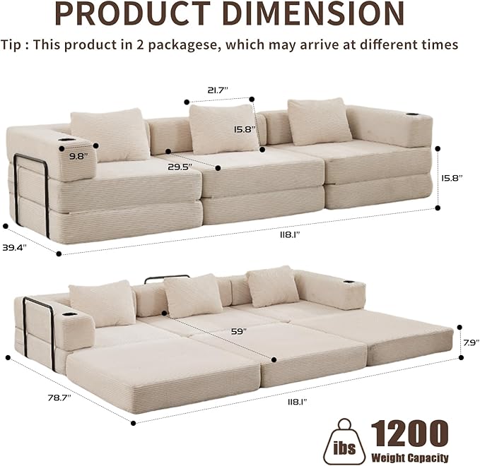 118" Oversized Convertible Floor Sofa Bed, Boneless Foldable Mattress Cloud Couch with Pillow Back & Armrest, Fold Out Floor Couch with Cup Holder for Living Room Bedroom Lounge, Corduroy, White