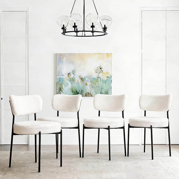 Stabrech White Boucle Dining Chairs Set of 8, Upholstered Dinner Chair with Metal Frame, Dining Room Chairs with Padded Seat, Round Modern Seating for Living Room