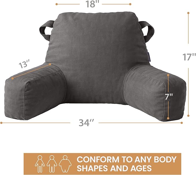 Unisakey Portable Comfy Reading Pillows for Bed Sitting Up(Light Grey Oeko-Tex), Velvet Back Pillow with Arms & Pockets for Adults, Support Memory Foam Bed Pillow for Dorm/Reading/Watching/Gaming