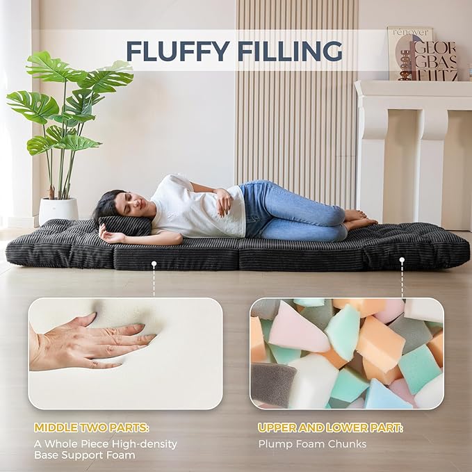 MAXYOYO Bean Bag Bed Tufted Folding Sofa Bed with Pillows Floor Mattress for Adults, Extra Thick and Long Floor Sofa, Single Couch for Bedroom Living Room, Dark Grey, 30x91 Inch