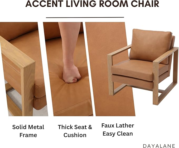 Modern Faux Leather Accent Chair Set of 2 for Living Room Bedroom Mid Century Armchairs with Metal Frame, Upholstered Office Accent Chairs Comfy Waiting Room Chairs with Metal Frame, PU Brown