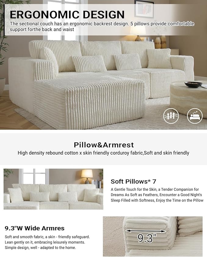 Vanress 110" Cloud Couch Sectional, Corduroy Boneless Couch with L-Shape Chaise,Modern Modular Sectional Sofa Comfy Deep Seat for Living Room, Bedroom, No Assembly (White, Left Facing Chaise)
