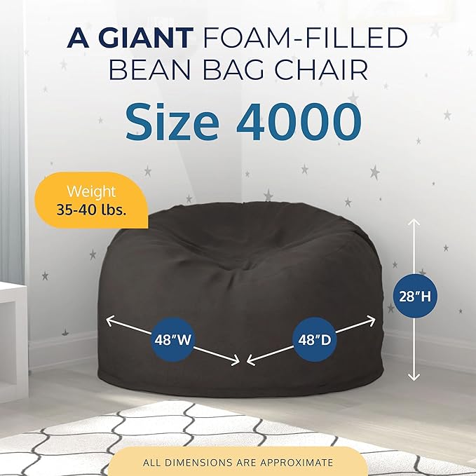 ULTIMATE SACK 4000 4-Foot Bean Bag Chair, Grey Suede Cover – Oversized Foam Lounger, Floor Seat, Small Sofa, or Couch Bed for Living Area, Gaming Room, or Reading Lounge