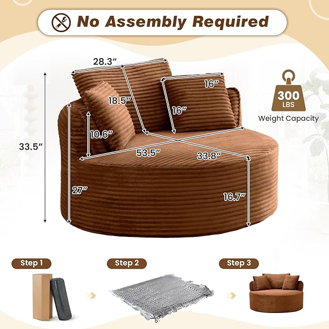 53"W Oversized Round Chaise Longue Chair Indoor,Corduroy Fluffy Comfy Cloud Chair,Circle Bean Bag Sofa with Foam Filling & Pillows,Boneless Reading Cozy Sofa Chairs for Living Room,Bedroom,Orange