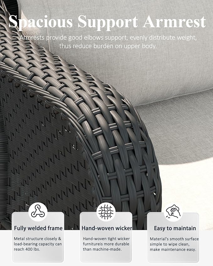 LayinSun 5 Piece Wicker Outdoor Furniture Set with 6-inch Comfy Cushions, High Back Patio Furniture Set with Swivel Rocking Chairs and Side Table