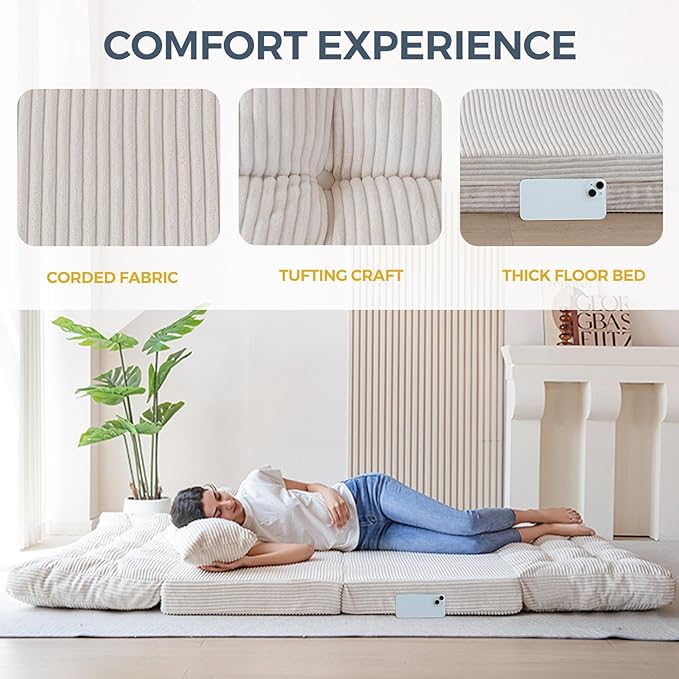 MAXYOYO Bean Bag Bed Tufted Folding Sofa Bed with Pillows Floor Mattress for Adults, Extra Thick and Long Floor Sofa, Twin Floor Couch Bed for Bedroom Living Room, Beige, 39x91 Inch