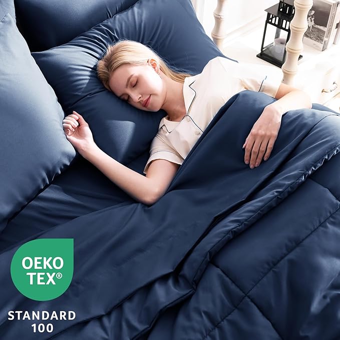 CozyLux Oversized King Comforter Sets Navy Blue, 7 Pieces Bed in a Bag, Ultra-Soft All Season Bedding Sets with Stitch Quilted Comforter, Flat Sheet, Fitted Sheet, Pillowcases, Navy Blue