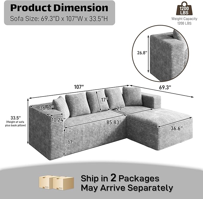 Modular Sectional Sofa, 107" L Shaped Cloud Couch Plush Corduroy Deep Seat Boneless Sofas with 5 Pillows Long Chaise Lounge Couches Memory Foam for Living Room - Grey, Right Facing Chaise