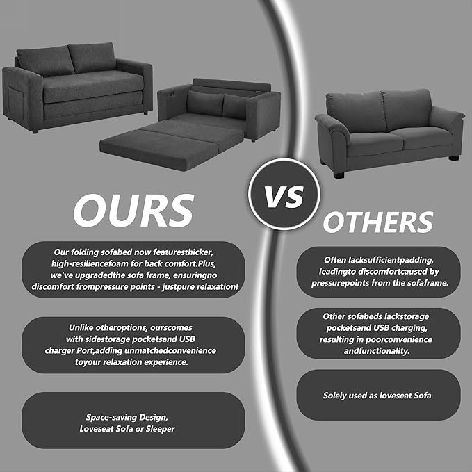Chorlenimi Convertible Sofa Bed Comfy Linen Sleeper Sofa with Storage Pockets,USB Charging Port,Futon Floor Couch for Living Room,Bedroom,Apartment(Grey, 48 Inches)
