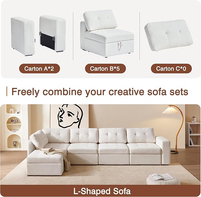 ORRD Corner Modular Sectional Couch, Convertible L Shaped Sofa with Storage, 5 Seater Sofa Modular with Ottomans and Reversible Chaise for Living Room, Office (Beige White)