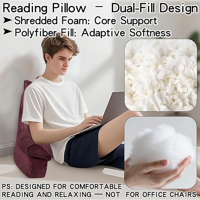 RRPAHWTV Reading Pillow for Bed with High Arm Rests,Back Support Pillow for Sitting Up in Bed with Shredded Memory Foam for Reading, TV, Gaming or Relaxing on Floor（Plum，Small）