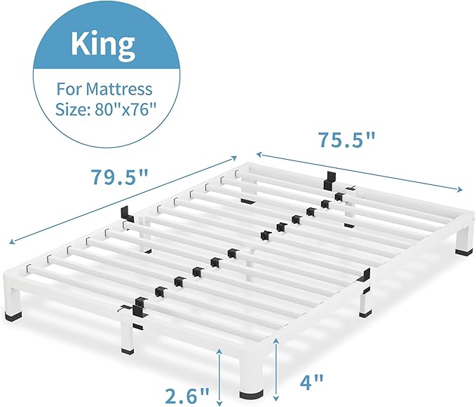 VIPSHOW 4 Inch White King Size Bed Frame, 3500Lbs Heavy Duty Metal Platform with Round Corner Legs Mattress Slide Stopper, Steel Slat Support No Box Spring Needed, Noise Free, Non-Slip, Easy Assembly