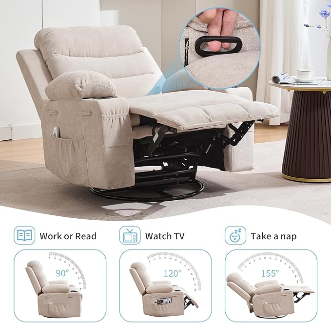 Recliner Chair Nursery, Oversized Manual Reclining Rocking Chair, 360 Swivel Glider with Cup Holder, Massage and Heat Recliner, Indoor Small Single Sofa Chairs for Adults, RV, Bedroom, Line Beige
