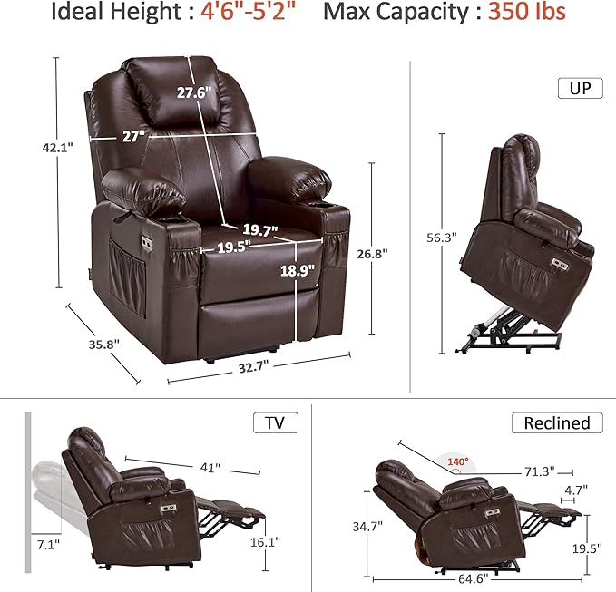 MCombo Power Lift Recliner Chair for Elderly, Lift Chair with Heat and Massage, FSC Certified, USB Ports, Cup Holders, Faux Leather 7141 (Dark Brown, Small)