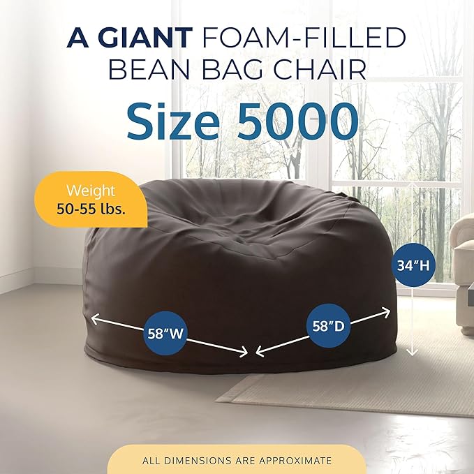 ULTIMATE SACK 5000 5-Foot Bean Bag Chair with Footstool, Grey Suede Cover – Oversized Foam Lounger, Floor Seat, Small Sofa, or Couch Bed for Living Area, Gaming Room, or Reading Lounge