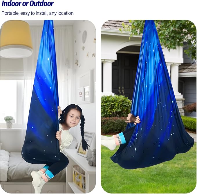 Sensory Swing for Kids Holds up to 300lbs Indoor & Outdoor Therapy Cuddle Swing with Hammock Hooks Hanger Kit for Calming, Effect for Autism, ADHD or SPD. (Space Blue)