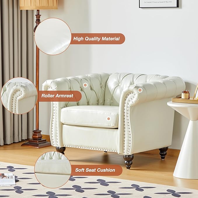 QHITTY Accent Chair, Chesterfield Chair Modern Leather Upholstered with Tufted Back for Living Room Furniture (White)