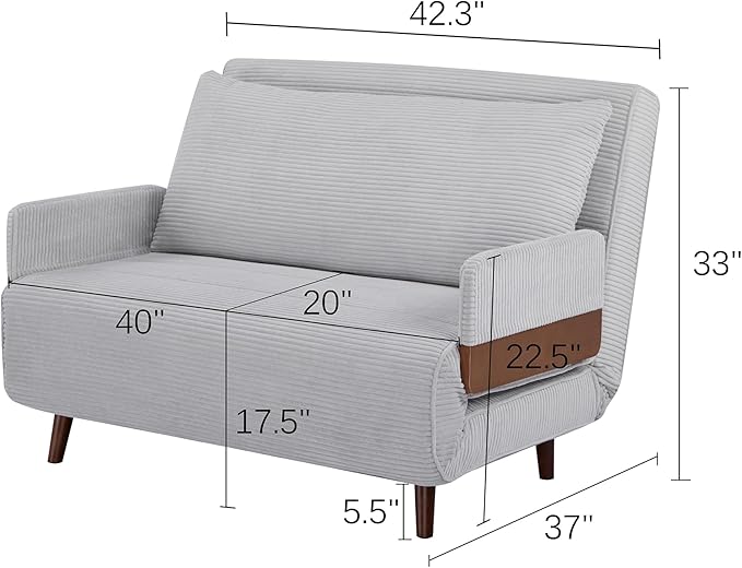 CITTANEO 42" Convertible Sleeper Chair, 3-in-1 Chair Bed Sleeper for Adults with Adjustable Backrest, Pillow & Wooden Arms, Loveseat Sofa Bed for Apartment, Office, Light Gray