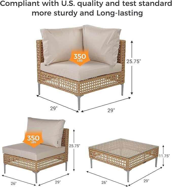 Grand patio 3-Piece Wicker Patio Furniture Set, Outdoor Sectional Sofa with Water Resistant Beige Thick Cushions and Coffee Table, Cream
