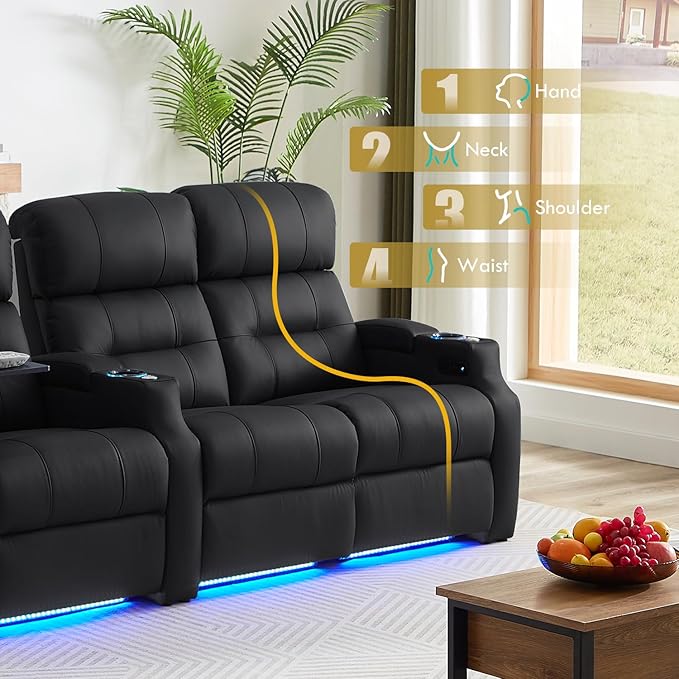 Weilianda Home Theater Seating, Top Grain Leather Sectional Seats Recliner Chair, Zero Gravity Reclining Sofa with Power Headrest 7 Colors Ambient Lighting USB C Charge Row of 1 Black
