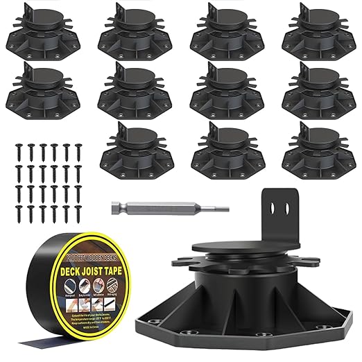 12 Pack Adjustable Deck Support Pedestal, Deck Foundation Base Support for Floating Deck Platform, Deck Floor Height Adjustment from 1-3/16" to 2-3/8", Matching Screws,Screwdriver & Joist Tape