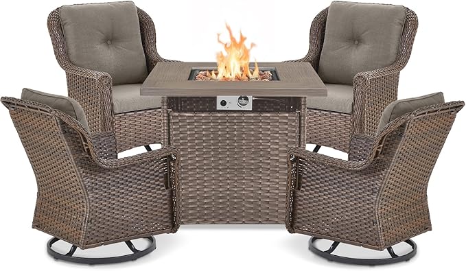 ACTREST Outdoor Patio Swivel Gliders with Fire Pit Table 5 Piece Set - High Back Brown Wicker Rattan Rocking Chair with Thick Cushion for Porch Apartment Deck Yard Poolside Garden - Grey