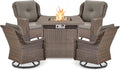 ACTREST Outdoor Patio Swivel Gliders with Fire Pit Table 5 Piece Set - High Back Brown Wicker Rattan Rocking Chair with Thick Cushion for Porch Apartment Deck Yard Poolside Garden - Grey