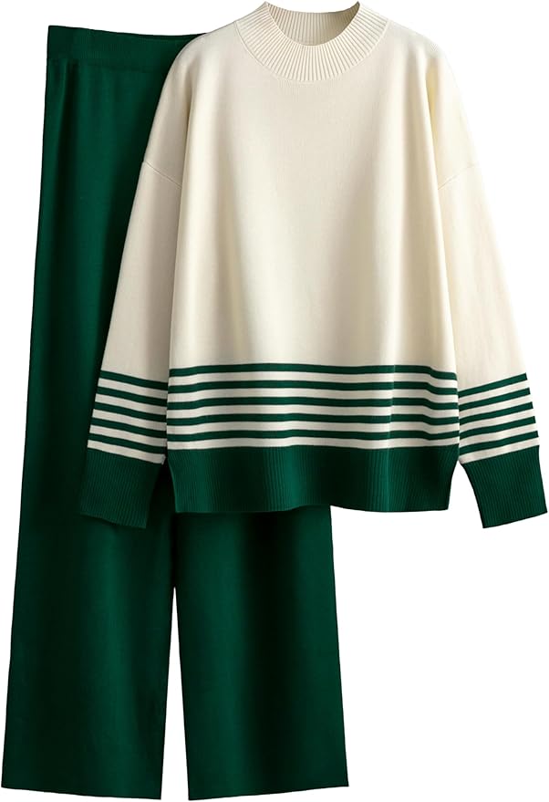 Tanming Women's Lounge Sets 2 Piece Outfits Knitted Pullover Sweater Tops Wide Leg Pants Tracksuit