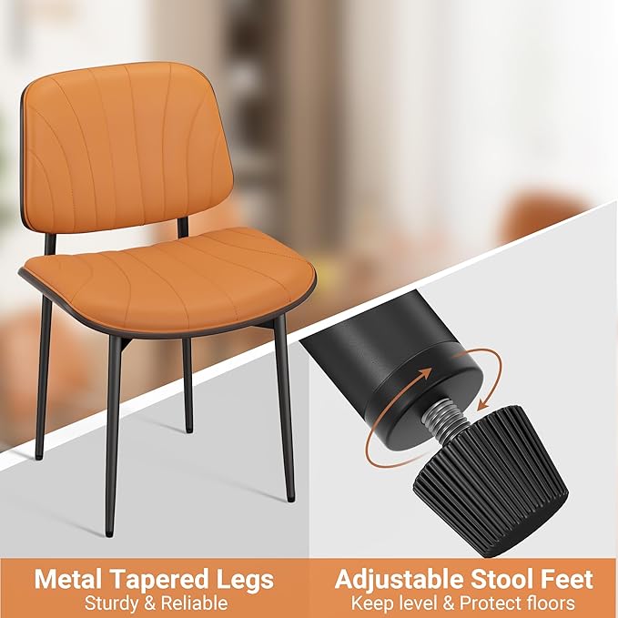 Dining Chairs Set of 6, Mid-Century Modern Upholstered PU Leather Chairs with Walnut Back and Metal Legs Adjustable Feet for Kitchen Dining Room, Orange Shell Strips