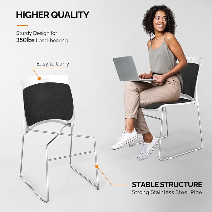 VINGLI Stackable Chairs Set of 12 Stacking Office Chairs with Metal Sled Base, Ergonomic Plastic Padded Seat & Back, Capacity 350lbs, Stacking Chairs for Waiting Room Break Room Banquet Guest, Black