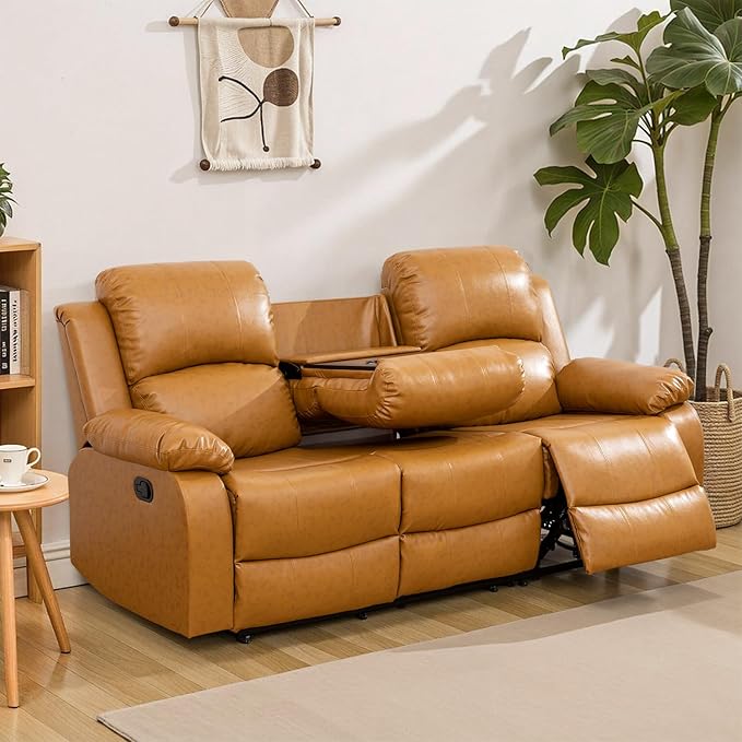 Caberryne Leather Recliner Sofa，Reclining Sofa for Living Room Furniture Sets，Ginger Wall Hugger Recliner Couch with Cupholder for Living Room/Office/Theater Seating(3 Seater Sofa)