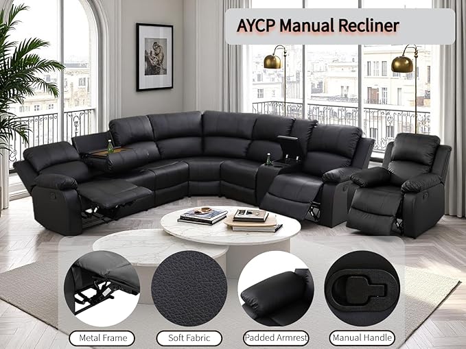 Manual Reclining Sofa Set with Drop-Down Table, Corduroy Sofa Sets, Living Room Furniture Sets, Modern Manual Recliner Sofa Sets with Storage Console for Living Room (Black, Sectional+Chair)