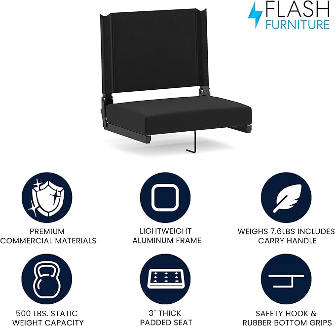 Flash Furniture Grandstand Portable Stadium Seat for Bleachers or Benches, Folding Padded Stadium Chair with Carrying Handle, 500 lb. Weight Capacity, Black