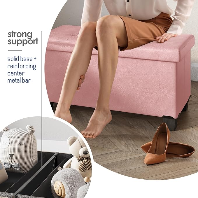 Storage Ottoman Bench with Bins, 30-in Storage Bench for Bedroom End of Bed, Folding Foot Rest Ottoman for Living Room Max 660lbs, Faux Leather Ottomans, Pink