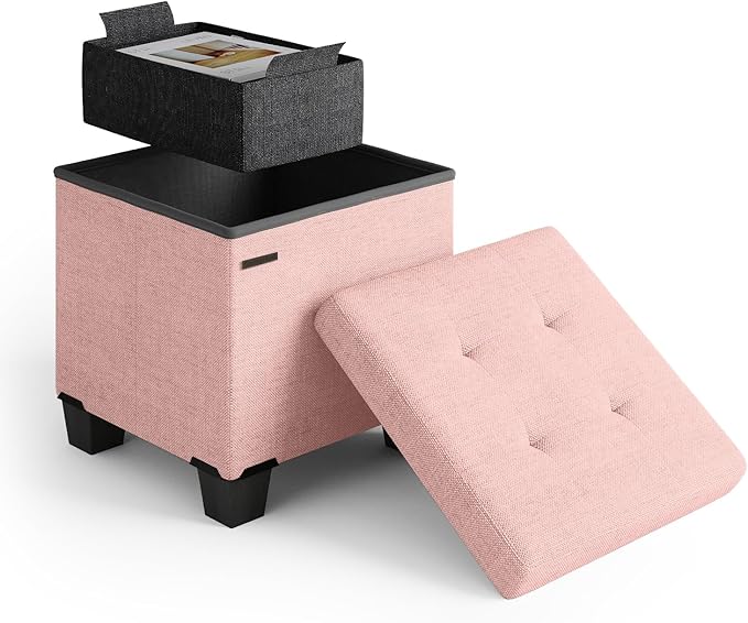 Storage Ottoman Cube with Small Bin, 16-in Square Ottoman with Storage for Living Room and Bedroom, Small Ottomans Foot Rest, Fabric Foot Stools Ottomans Max 330lbs, Pink
