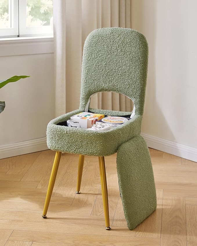 IBUYKE Small Storage Vanity Stool with Folding Backrest, 12.99" x 13.78" x 31.5" Square Teddy Velvet Ottoman, Makeup Chair for Living Room, 4 Metal Legs with Anti-Slip Feet, Green WBD027D
