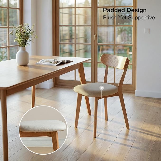 Bamskov 100% Solid Wood Dining Room Chairs - Practical Kitchen Chairs - Wood Chair for Dining Room, Kitchen (4, Natural with White Cushion)