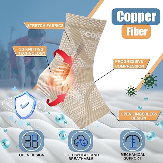 LISEPWU Copper Ankle Brace, Copper Infused Ankle Support Compression Sleeve for Men & Women, for Foot Pain Relief, Sprained Recovery, Achilles Tendonitis, Daytime or Night Use(Skin White L)
