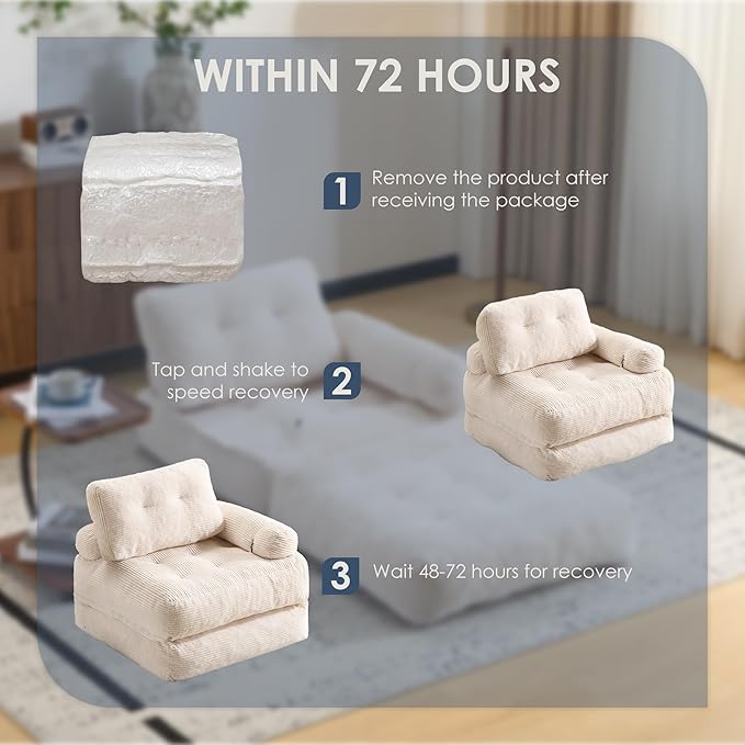 Folding Sofa Bed with Armrest,Convertible Sleeper Chair for Adults, Folding Sofa Bed Foam Filling Couch with Pillow，Sleeper Chairs Single Size Floor Mattress,White