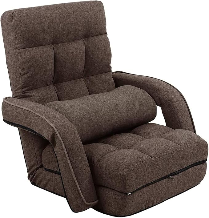 FLOGUOR 14-Position Adjustable Floor Chair, Chaise Lounge Indoor, Folding Lazy Sofa with Armrests and a Pillow Padded Adults Gaming Chairs for Living Room, Bedroom Factory Price (Brown) 8803CO
