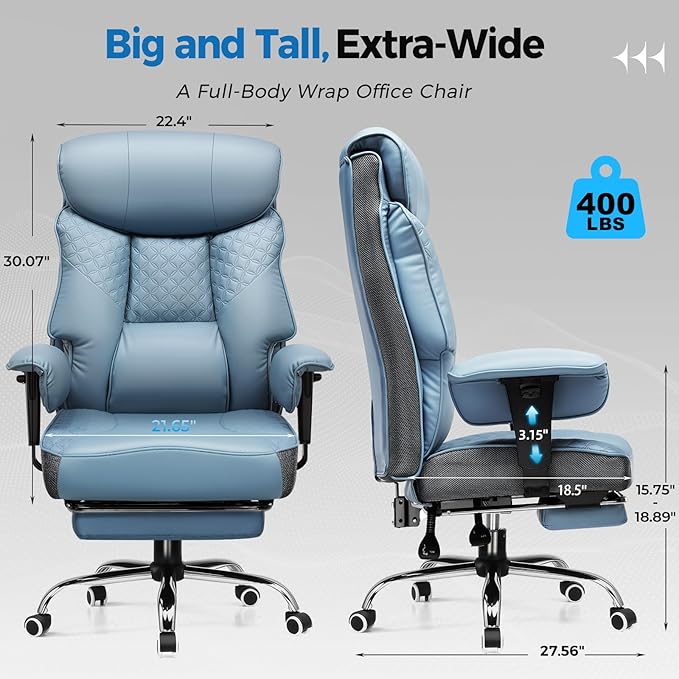GTRACING Big and Tall Office Chair 400LBS Wide Ergonomic Gaming Chair with Deluxe Embossing Designed Leather with Foot Rest,150°Reclining Adjustable Soft Armrests Pocket Spring Back Support and Pillow