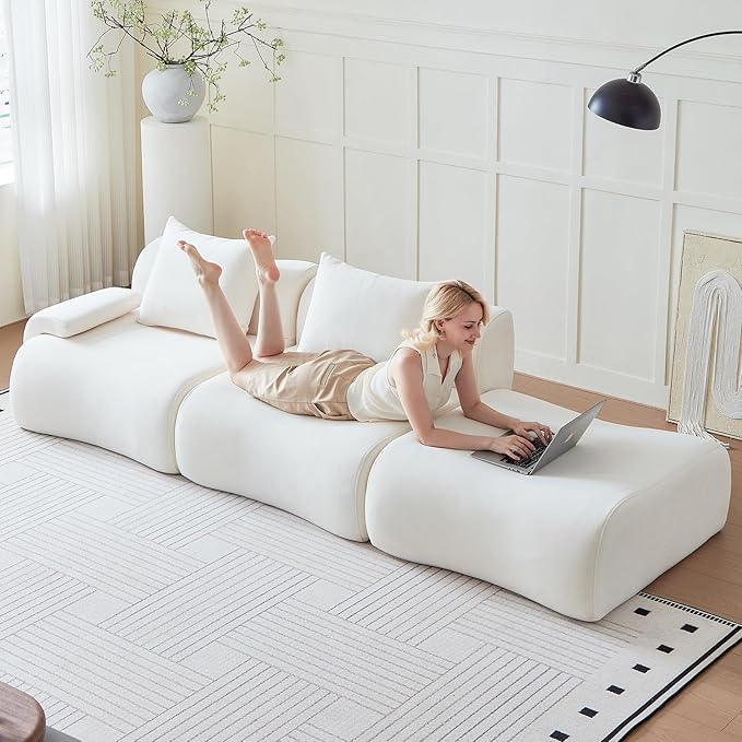 114" Modular Sectional Sofa for Living Room,Boneless Couch in A Box with Ottoman,Memory Foam Sectional Couches for Apartment,Cloud Couch No Assembly Required,White Low -Profile Sofa