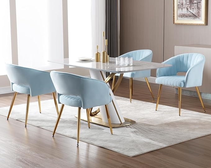 KCC Modern Velvet Desk Chair Accent Armchair Upholstered Tufted Chairs Dining Chairs, Tufted Vanity Chairs Side Chair with Gold Metal Legs for Dining Room Living Room Restaurant, 1 PC & Baby Blue